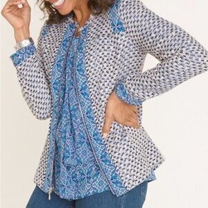 Chicos Full Zip Woven Tweed Jacket Fringe Collar Patterned Career Wear 2P US LG